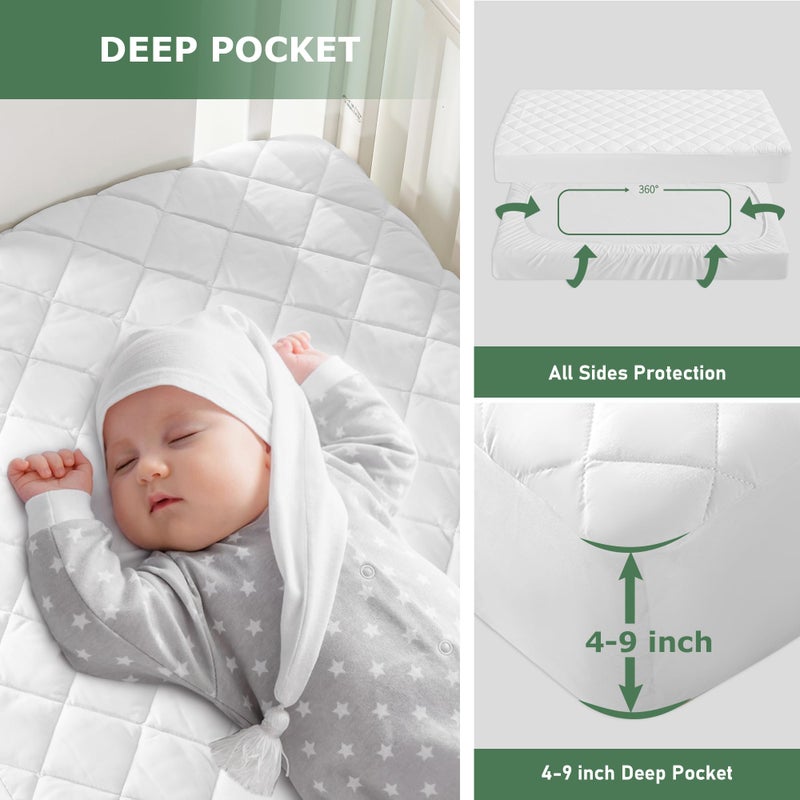 GRT 2 Pack Waterproof Crib Mattress Protector Rayon Made from Bamboo,Quilted Baby Mattress Pad Fitted Deep Pocket from 4" up to 9", Extra Breathable & Noiseless Toddler Mattress Cover 52"x28", White - Image 5